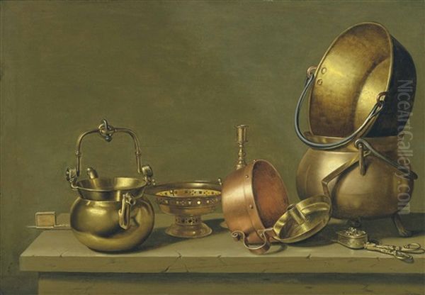 Copper And Brass Crockery With Other Utensils On A Ledge Oil Painting by Floris Gerritsz. van Schooten