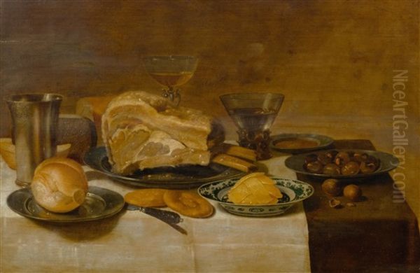 Still Life With Ham, Bread, Butter, Porcelain And Glass Ware And Pewter Plate Oil Painting by Floris Gerritsz. van Schooten