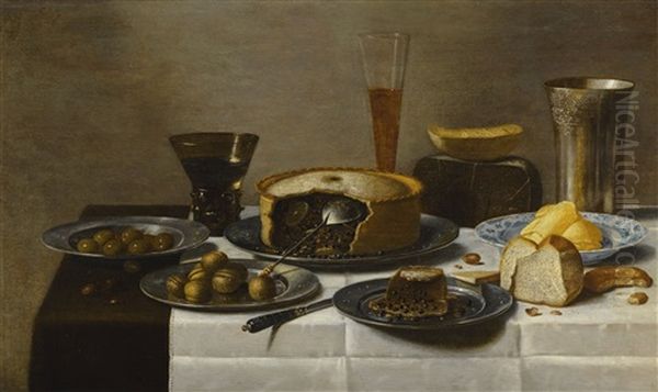 Still Life Of Meat Pies, Bread, Butter, Cheese And Olives With Glassware Oil Painting by Floris Gerritsz. van Schooten