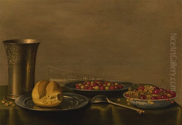 Still Life With An Engraved Silver Beaker And Spoon, A Bread Roll On A Pewter Plate, And Bowls Of Berries, With An Overturned Wineglass Oil Painting by Floris Gerritsz. van Schooten