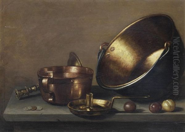 A Still Life Of Copper Pans And Utensils On A Stone Ledge With Plums Oil Painting by Floris Gerritsz. van Schooten