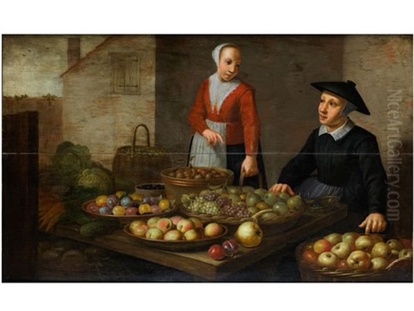 Junge Magd Beim Einkauf An Einem Obststand Oil Painting by Floris Gerritsz. van Schooten