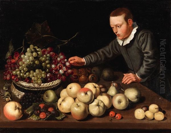 A Fruit Still Life With A Boy Oil Painting by Floris Gerritsz. van Schooten