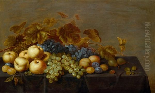 Fruchtestillleben Mit Pflaumen, Apfeln, Trauben Und Birnen Auf Einem Tisch Oil Painting by Floris Gerritsz. van Schooten