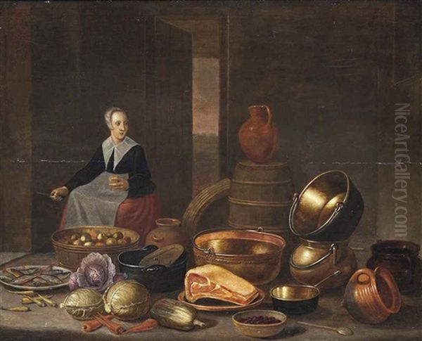 A Kitchen Maid Cutting Vegetables Amongst Cauliflower, Roots, Fish, Meat, Berries And Copper Pots And Pans In A Kitchen Oil Painting by Floris Gerritsz. van Schooten