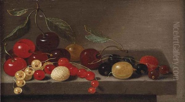 Cherries, Gooseberries, Redcurrants, Blackcurrants And Strawberries On A Stone Ledge Oil Painting by Floris Gerritsz. van Schooten