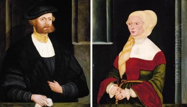 Portrait Of A Gentleman, Three-quarter Length, Turned To The Right (+ Portrait Of A Lady, Three-quarter Length, Turned To The Left; Pair) Oil Painting by Hans Schoepfer the Elder