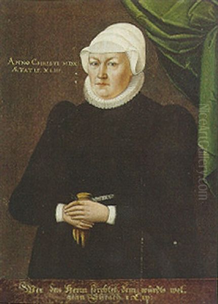 Portrait Of A Lady In A Black Dress And White Hat, Holding A Glove And Standing By A Draped Green Curtain Oil Painting by Hans Schoepfer the Elder