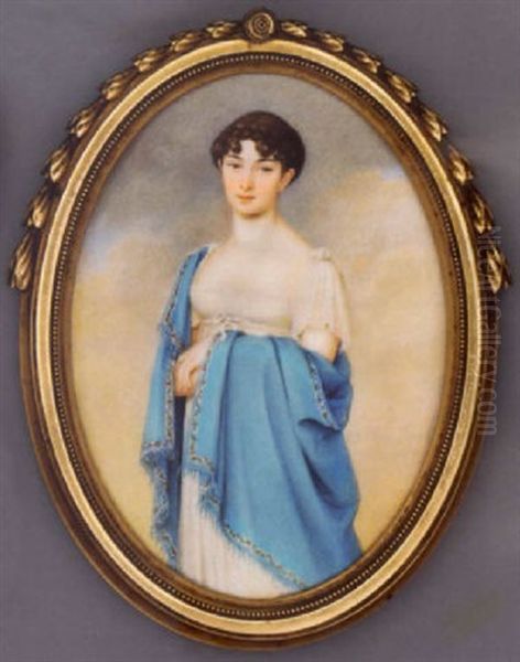 Countess Therese Apponyi In White Dress With Short Chiffon Sleeves, Floral Bordered Light Blue Cashmere Stole, Her Brown Hair Plaited And Upswept Oil Painting by Franziska Schoepfer