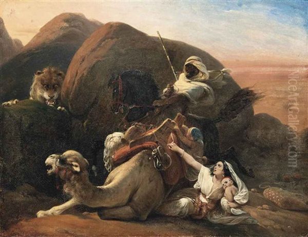 A Lion Attack Oil Painting by Heinrich Frederic Schopin