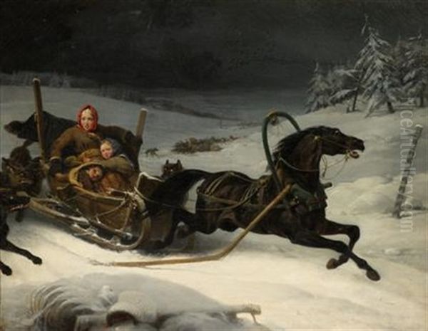 Sleighing With Wolves In Pursuit Oil Painting by Heinrich Frederic Schopin