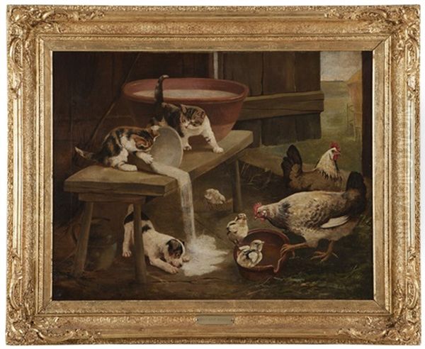 Spilt Milk, Animals In A Barn Interior Oil Painting by Heinrich Frederic Schopin