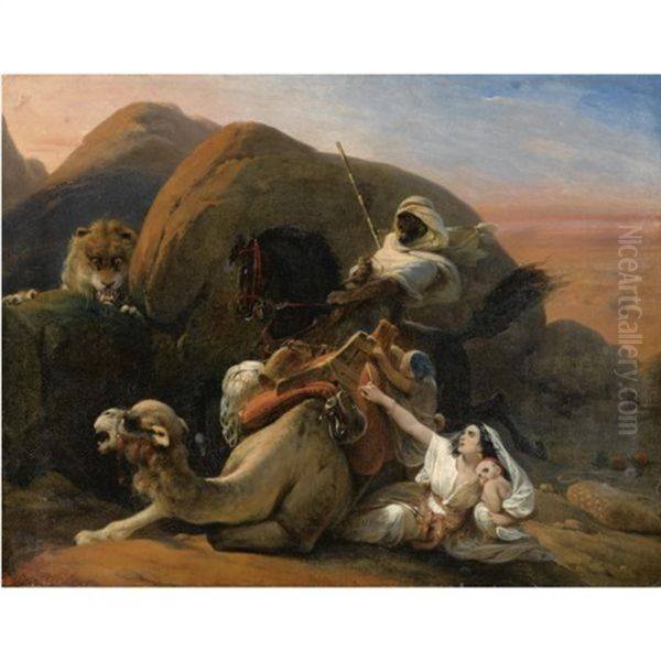 Lion Surprising An Arab Family Oil Painting by Heinrich Frederic Schopin