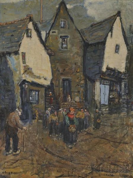 Village Scene With A Woman In A Red Scarf Oil Painting by Lucy Scott Bower