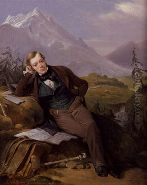 Portrait Of A Young Man Resting In A Mountainous Landscape Oil Painting by Heinrich Frederic Schopin