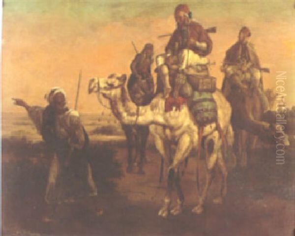 A Desert Caravan With A Tracker Leading A Group On Camelback Oil Painting by Heinrich Frederic Schopin