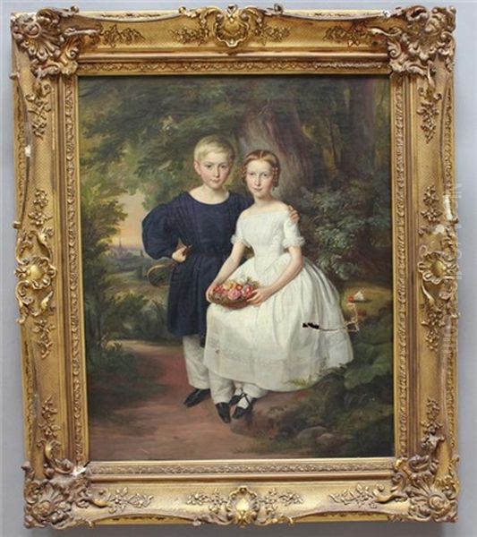 Kinderdarstellung Der Beiden Geschwister Elise Mit Blumenkorb Und Theodor Wegener Mit Tennisschlager Oil Painting by Julius Schoppe the Elder