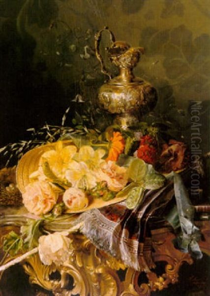 Stilleven Met Strohoed En Bloemen Oil Painting by Francina Louise Schot