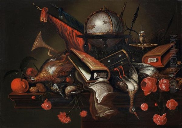 A Vanitas Still Life With Books, Documents, Dead Snipe, A Celestial Globe, An Hour-glass, A Candlestick, Flags And A Trumpet With Roses On A Table Oil Painting by Petrus Schotanus