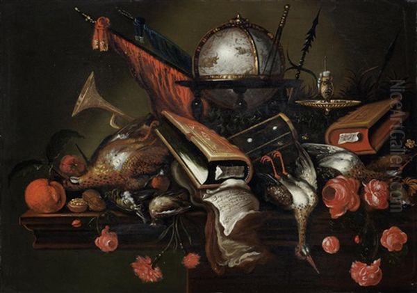 A Vanitas Still Life With Books, Documents, Dead Snipe, A Celestial Globe, An Hour-glass, A Candlestick, Flags And A Trumpet With Roses On A Table Oil Painting by Petrus Schotanus