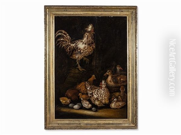 Rooster With Chicks Oil Painting by Petrus Schotanus