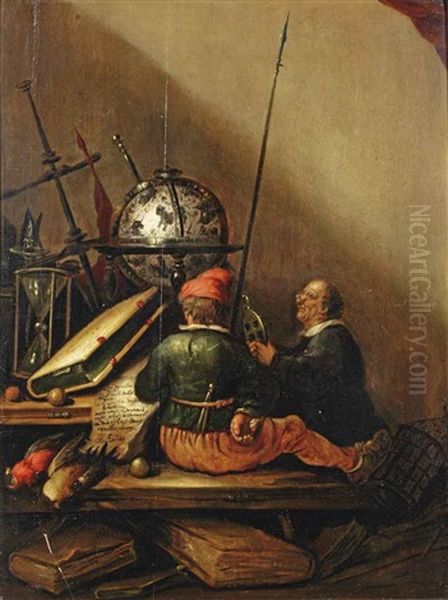 A Vanitas Still Life With Two Men On A Wooden Bench Oil Painting by Petrus Schotanus