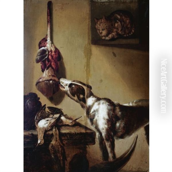 A Kitchen Interior With A Dog Tasting Meat Hanging From The Wall, Dead Partridges On A Table, A Cat In The Window Oil Painting by Petrus Schotanus