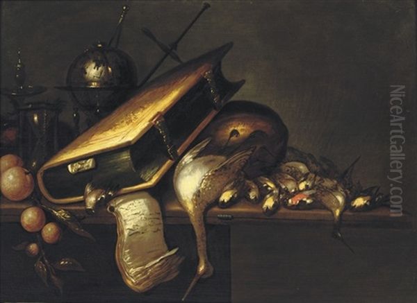 A Vanitas With A Book, Birds, Oranges, A Globe, A Candlestick And An Hourglass On A Wooden Table Oil Painting by Petrus Schotanus