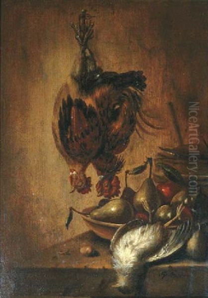 A Still Life With A Chicken Hanging From A Rope Above A Ledge With Other Birds, Apples And Pears In A Bowl Nearby Oil Painting by Petrus Schotanus