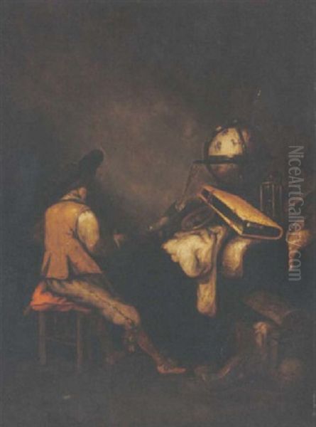 A Vanitas Still Life With A Seated Soldier In An Interior Oil Painting by Petrus Schotanus