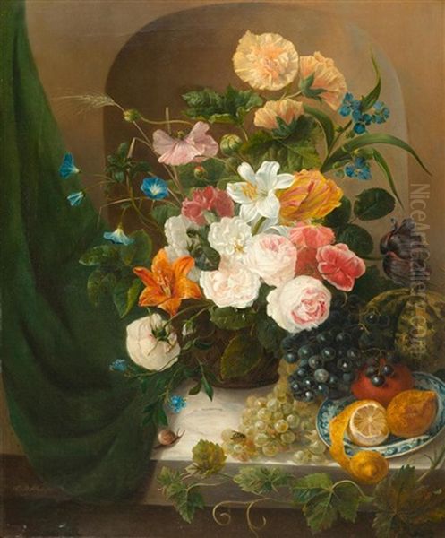 Blumenstilleben Mit Zitronen, Trauben, Melone Und Orange Oil Painting by Christina Petronella Schotel