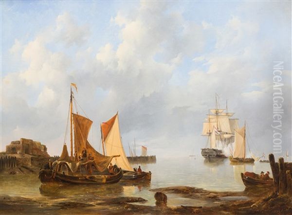 Shipping In An Estuary With Three-master 'euridice' Saluting In The Distance Oil Painting by Johannes Christiaan Schotel