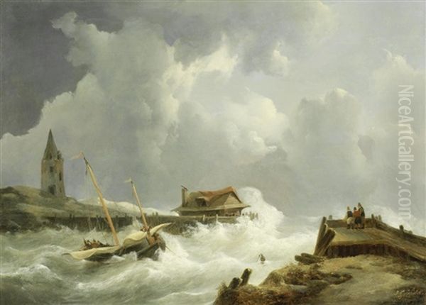 Shipping Off A Pier In Rough Weather Oil Painting by Johannes Christiaan Schotel