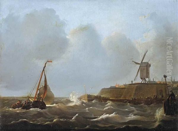 A Sailing Vessel In Choppy Waters Near A Fortified Town Oil Painting by Johannes Christiaan Schotel