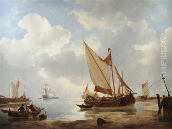 Low Tide Gun Salute From A Dutch Man O' War Oil Painting by Johannes Christiaan Schotel