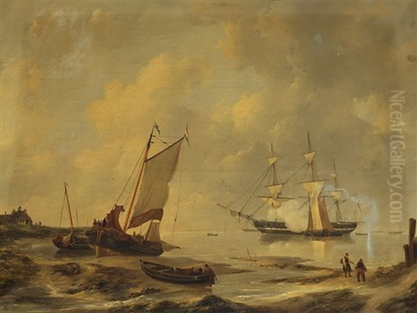 Shipping At A Shore Oil Painting by Johannes Christiaan Schotel