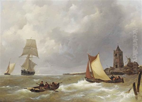 Sailing Vessels And Fishing Boats Off The Shore Oil Painting by Johannes Christiaan Schotel