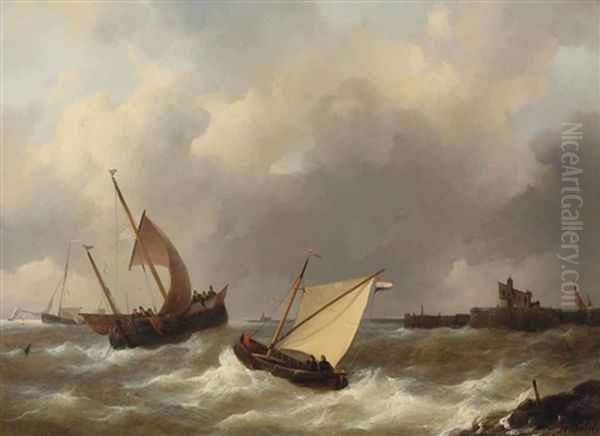 Sailing Ships In Choppy Water Oil Painting by Johannes Christiaan Schotel