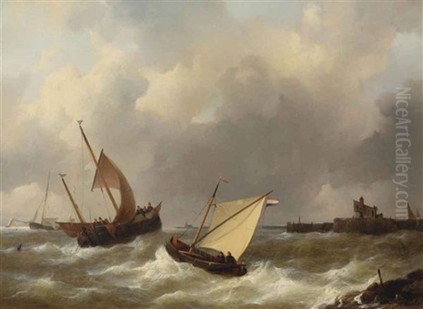 Sailing Ships In Choppy Water Oil Painting by Johannes Christiaan Schotel