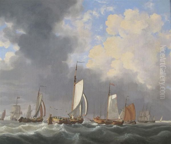 Dutch Pinks And Frigates Off A Distant Shoreline Oil Painting by Johannes Christiaan Schotel