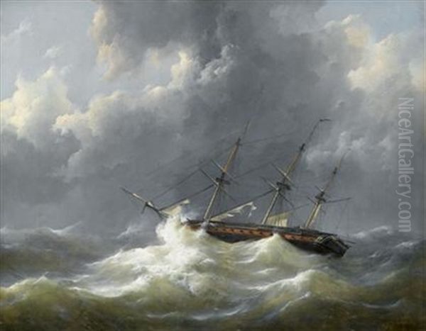 Ship In Distress Oil Painting by Johannes Christiaan Schotel