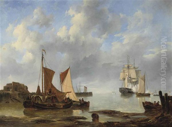 Shipping In An Estuary With A Three-master Saluting In The Distance Oil Painting by Johannes Christiaan Schotel