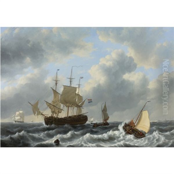 A Threemast And Other Vessels In An Estuary Oil Painting by Johannes Christiaan Schotel