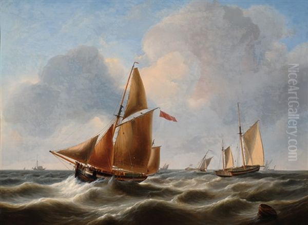 Ships At Sea Oil Painting by Johannes Christiaan Schotel