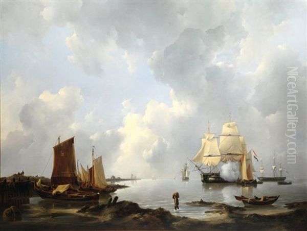 Bateaux Hollandais Au Mouillage Oil Painting by Johannes Christiaan Schotel