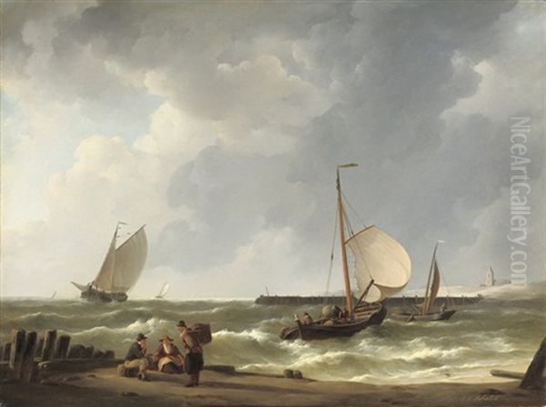 Woelende Zee: Sailing Vessels Approaching A Shore Oil Painting by Johannes Christiaan Schotel