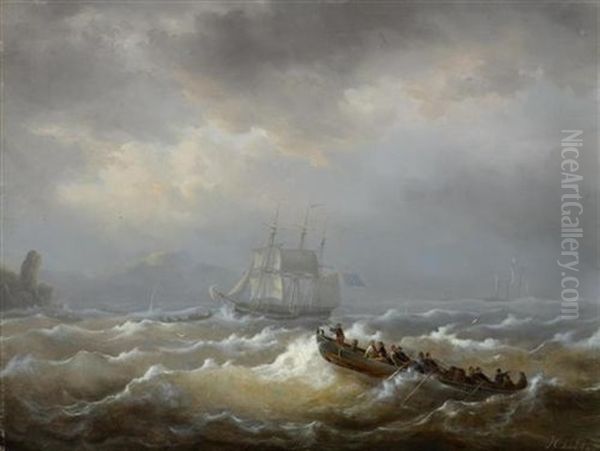 Segelschiffe Und Rettungsboote Oil Painting by Johannes Christiaan Schotel