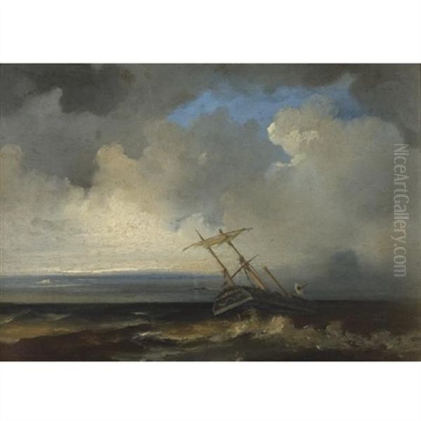 Ship In Stormy Sea Oil Painting by Johannes Christiaan Schotel