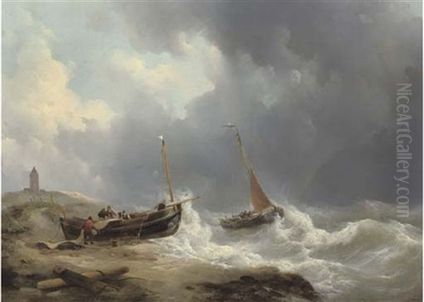 Fishing Smacks In The Breakers Off The Dutch Coast Oil Painting by Johannes Christiaan Schotel