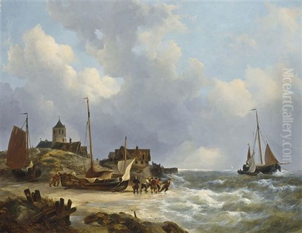 Fishermen On The Beach Near Egmond Oil Painting by Johannes Christiaan Schotel